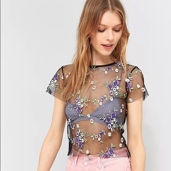Urban Outfitters Sheer Mesh Cropped Black Floral Embroidered Shirt - Picture 2 of 6